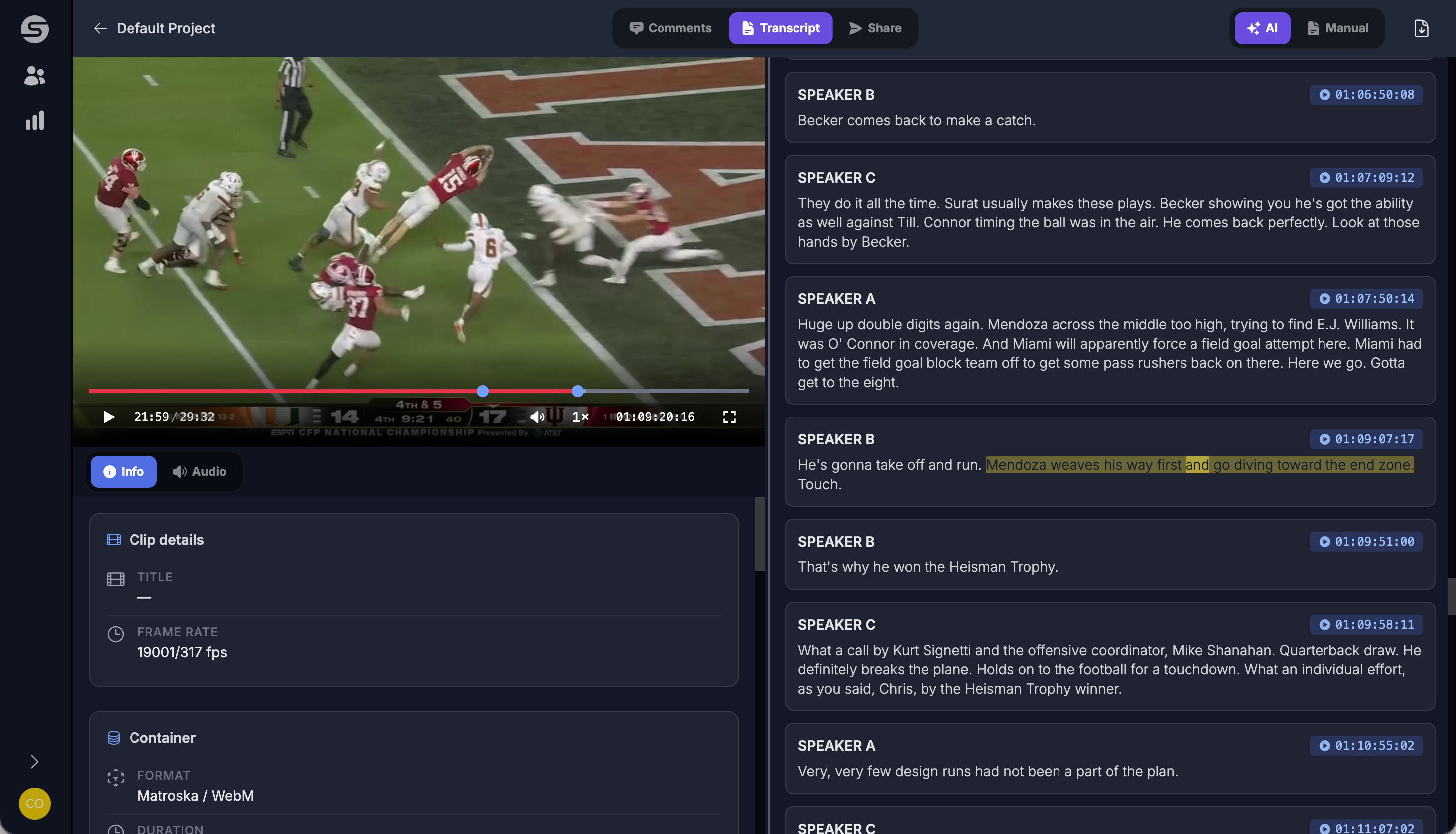Spire Studio clip view with transcript alongside the player