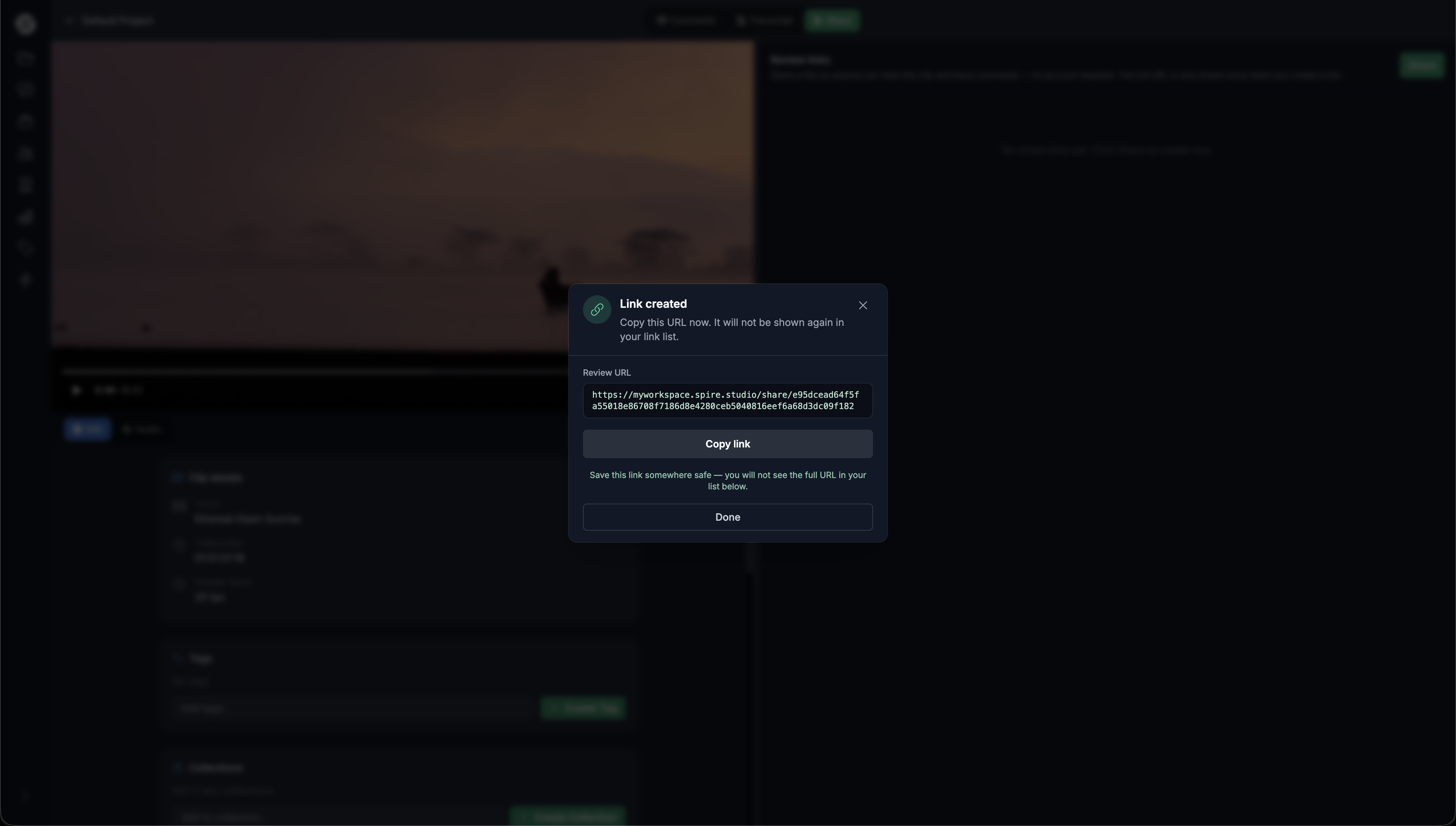 Spire Studio secure share links for review and approval