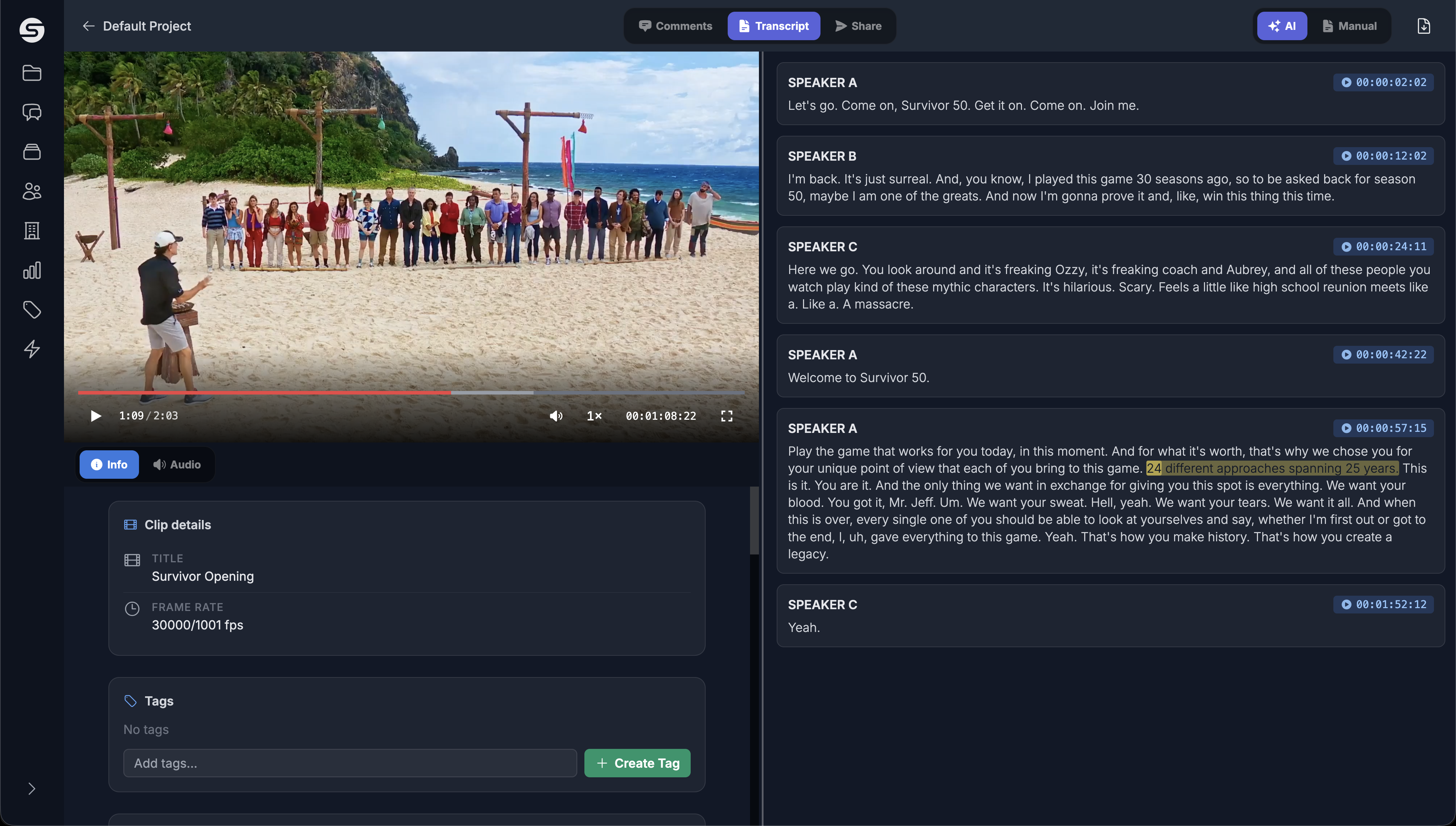 Spire Studio transcript view alongside the player